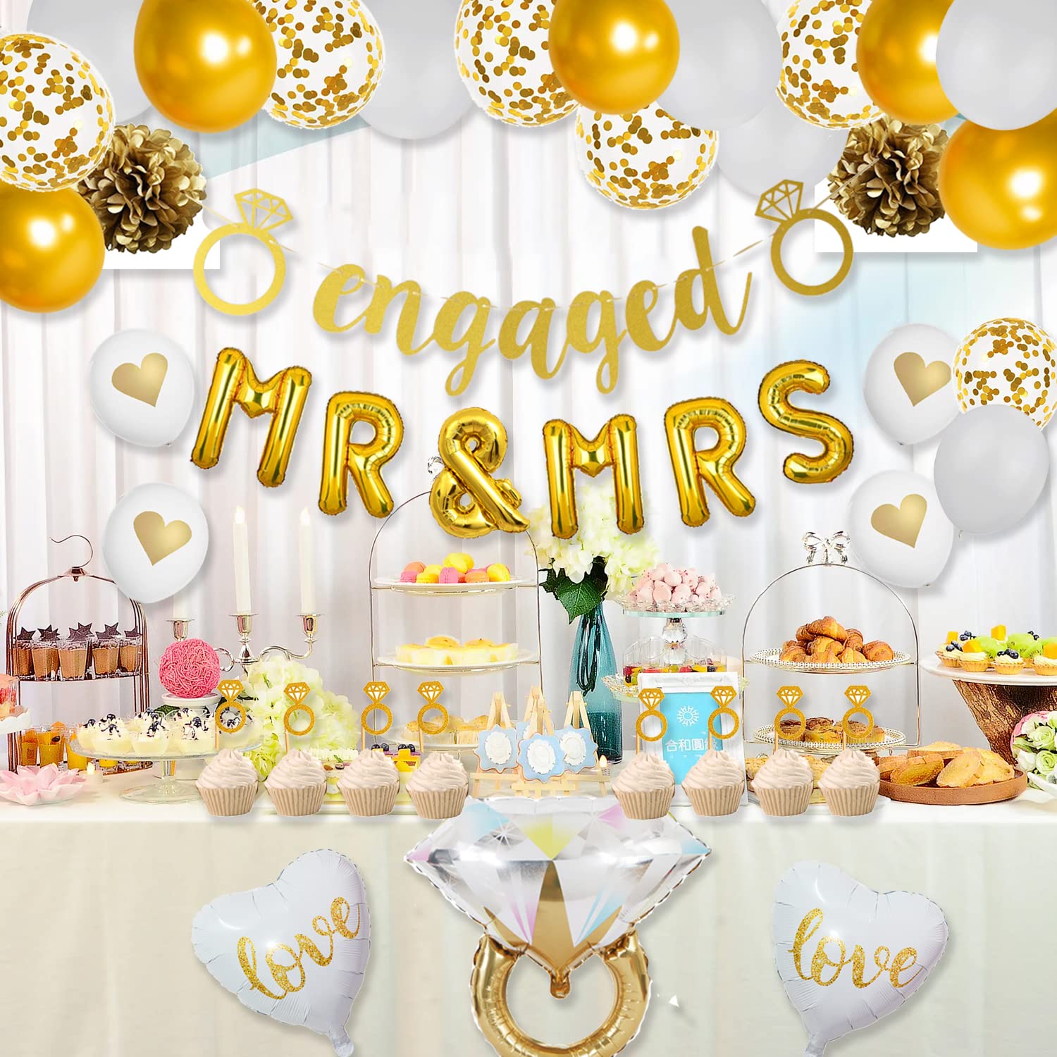 Gold Engagement Party Decorations, Gold Engaged Banner, MR and MRS Balloons, Giant Ring, Heart Balloons, Gold Latex Confetti Balloons for Engagement Bachelorette and Bridal Shower Decorations