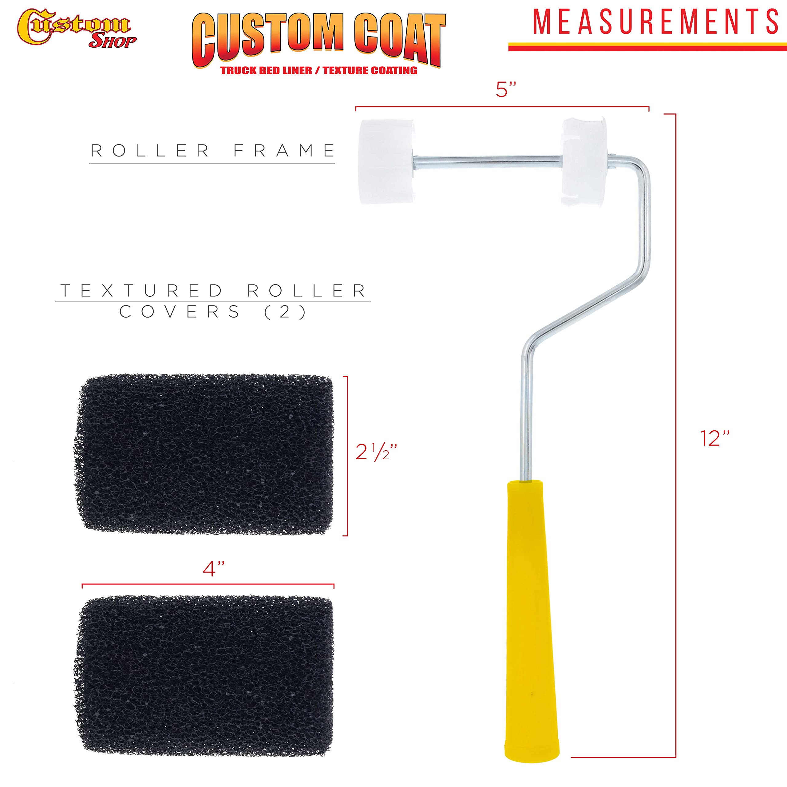 Custom Shop Paint Roller Frame with 2-4" x 1/4" Textured Bed Liner Roller Covers - for Roll-On Custom Coat Truck Bedliner Application, Create Texture Effect with Paint & Non-Skid Protective Coatings