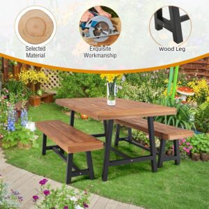 MFSTUDIO 3 Pieces Outdoor Patio Dining Set,Acacia Wood Table Bench Furniture Set with 1 Rectangular Picnic Wooden Table and 2 Benches for Backyard, Garden, Lawn-Teak Color