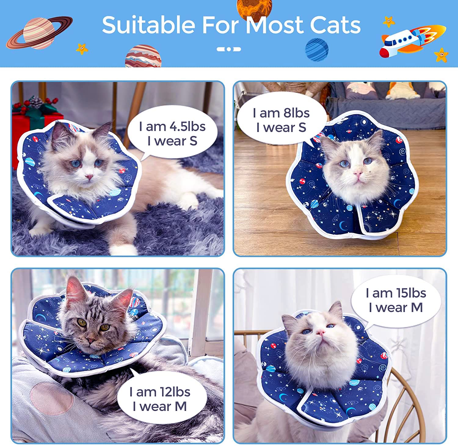 Johoxton Cat Cone, Cat Recovery Collar After Surgery Cat Cone Collar Cat Cones to Stop Licking Cat Donut Collar E Collar for Cats Puppy Dog (M, Fiber Blue)