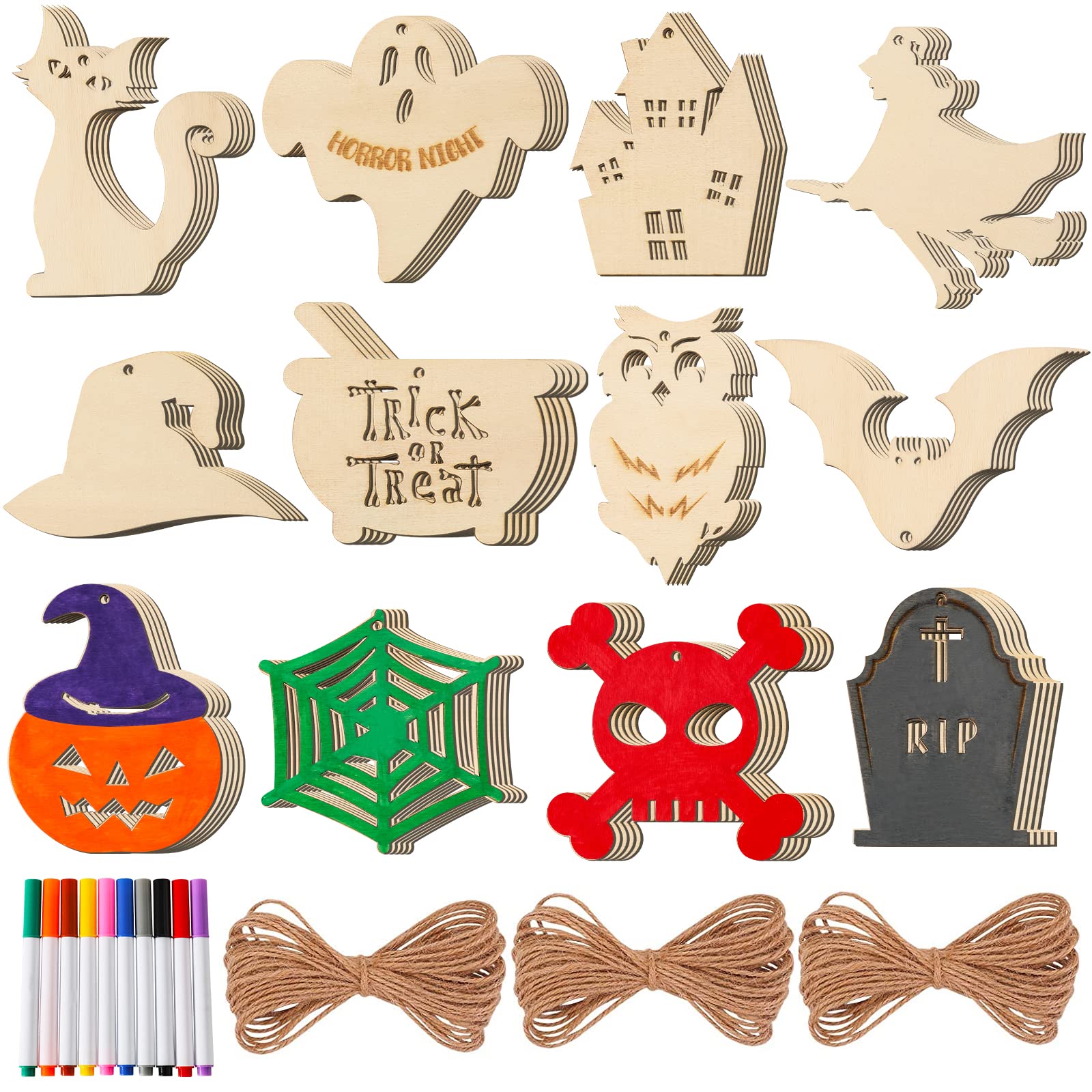 MGparty Halloween Crafts 60PCS Halloween Wooden Slices DIY Natural Wood Crafts Unfinished Predrilled Cutouts Ornaments for Kids Halloween Hanging Decorations Gifts