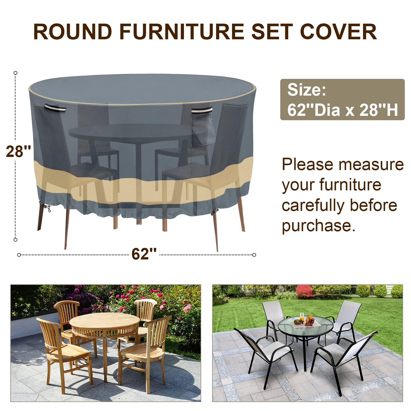 Round Patio Furniture Covers Waterproof & Heavy Duty 62 Inch, 600D Oxford Cloth Outdoor Patio Table Cover, 62" DIA x 28 H Patio Covers for Outdoor Furniture & Dining Table and Chairs Set