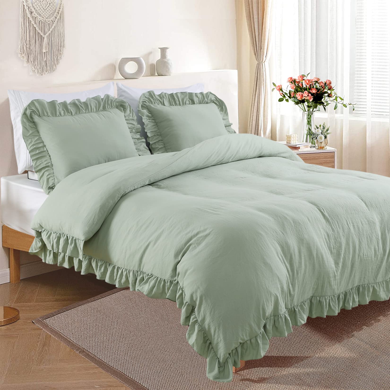 GlowSol Duvet Cover Queen Size, 3 Pieces (90x90 Inch 1 Duvet Cover, 2 Pillowcases) Soft Washed Microfiber Duvet Cover Set Shabby Chic Home Bedding Duvet Covers with Button Closure, Green