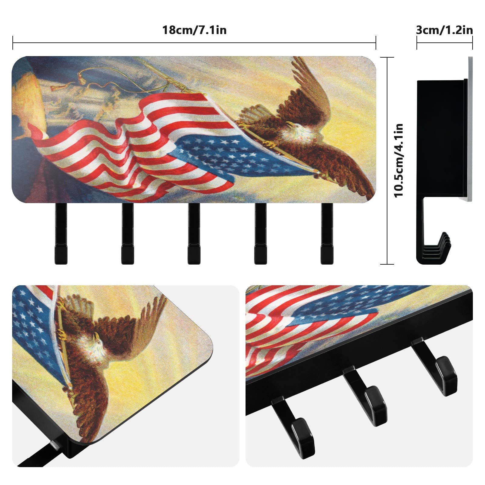 OURVII Key Holder for Wall American Flag Bald Eagle Wall Mounted Key Hook, Mail Holder Wall Mounted, Entryway Mudroom Hallway Home Decorative Key Organizer Rack with 5 Hooks