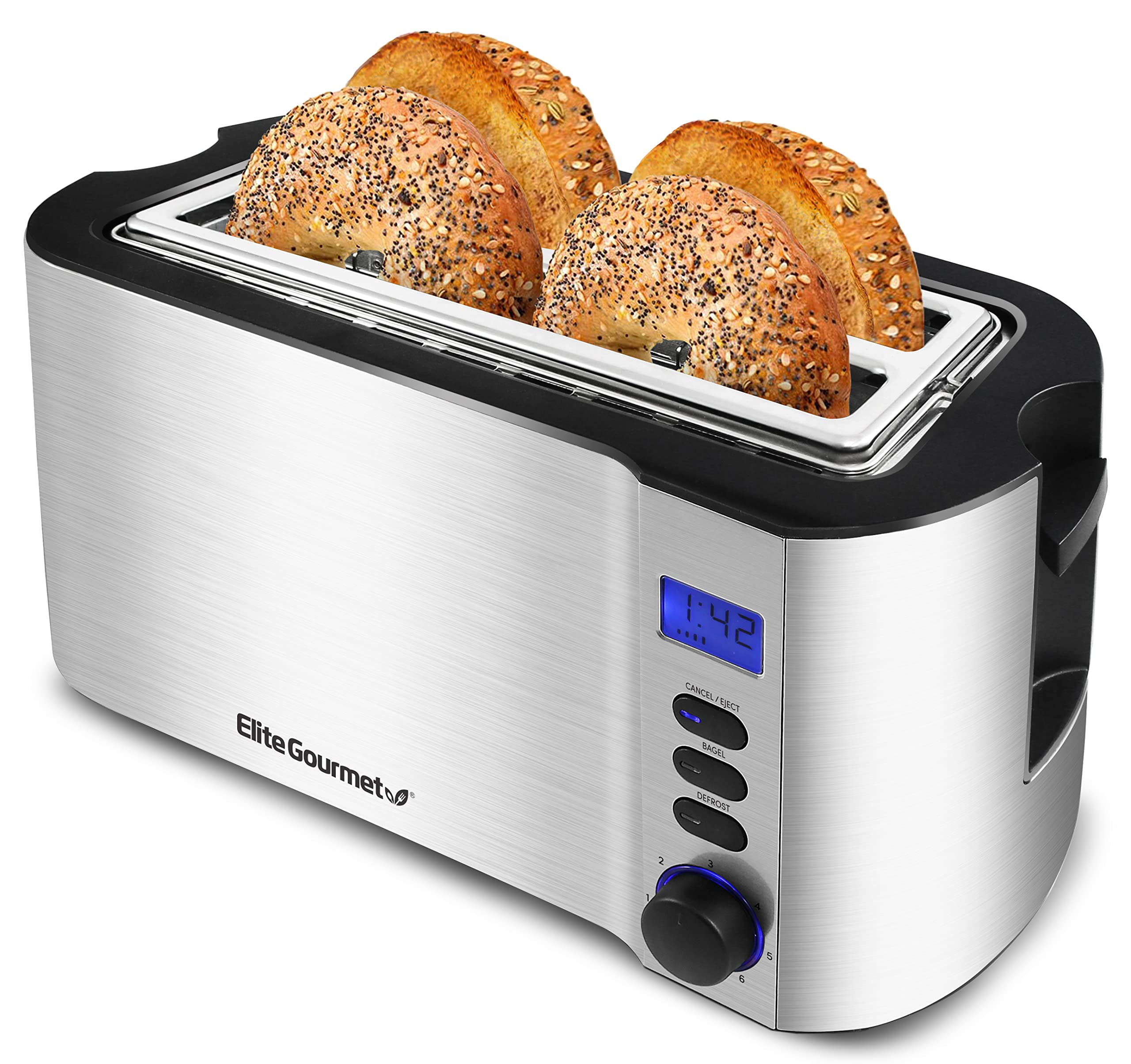 Elite Gourmet ECT2428 Extra Wide 1.25” Slot 2-Slice Toaster, Cancel, Defrost and Bagel Functions, 6 Toast Settings, Slide-Out Crumb Tray, Stainless Steel