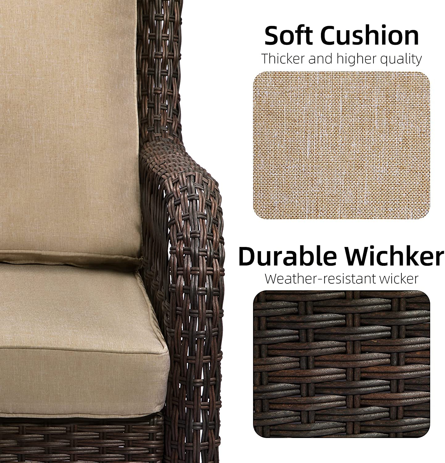 Amyove 3 Pieces Outdoor Wicker Swivel Patio Set, 360° Swivel Rocking Patio Chairs of 2 with Side Table and Fabric Cushions for Outside, Yard, Garden, Balcony (Beige)