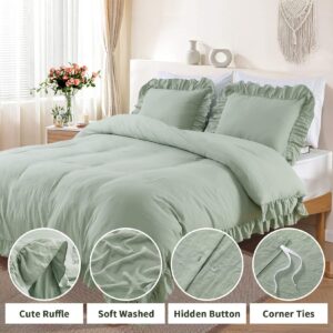 GlowSol Duvet Cover Queen Size, 3 Pieces (90x90 Inch 1 Duvet Cover, 2 Pillowcases) Soft Washed Microfiber Duvet Cover Set Shabby Chic Home Bedding Duvet Covers with Button Closure, Green