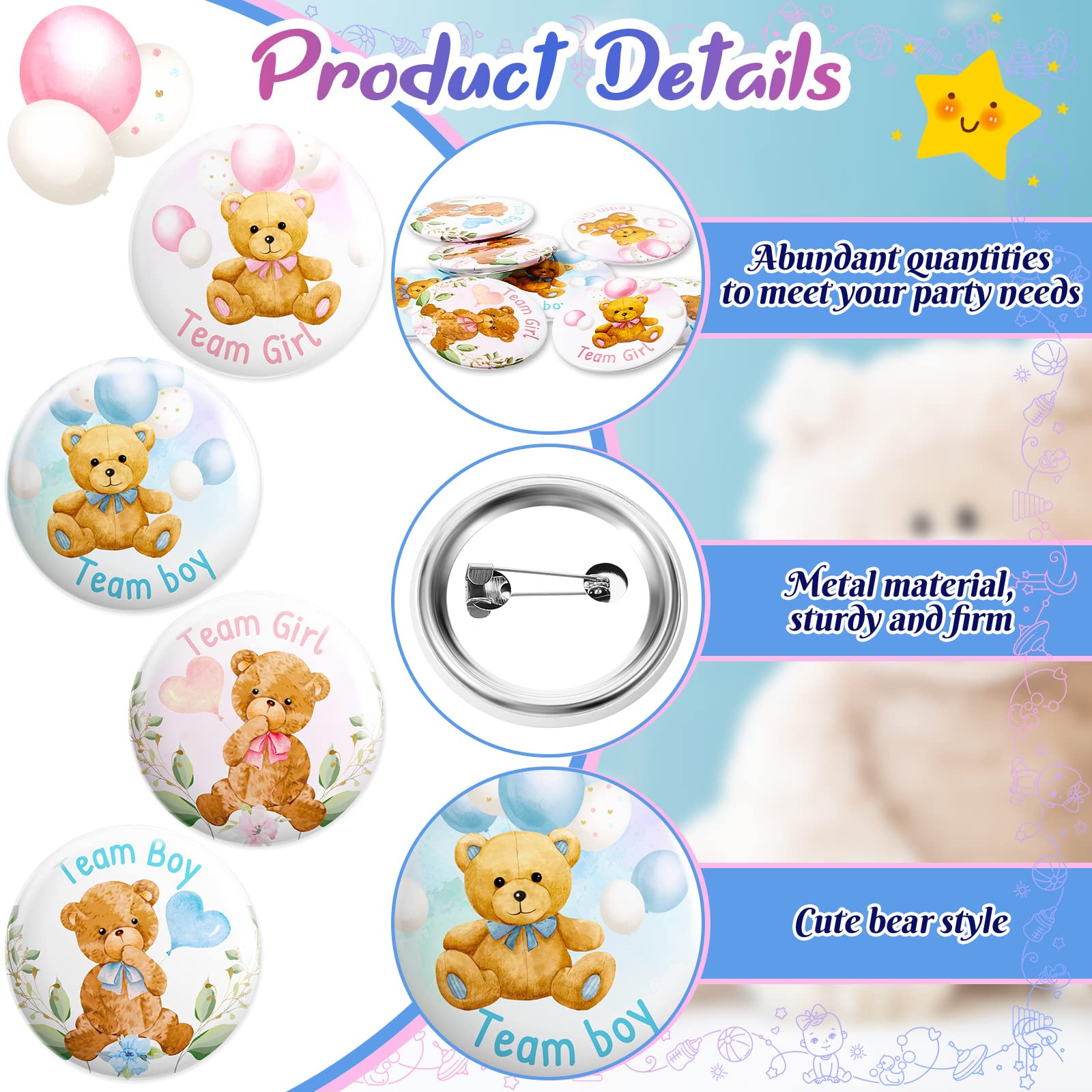 48 Pieces Bear Gender Reveal Buttons Team Boy Girl Button Pins Bear Gender Reveal Favors in Pink and Blue for Baby Shower Gender Reveal Party Game Supplies, 4 Styles, 1.47 Inch