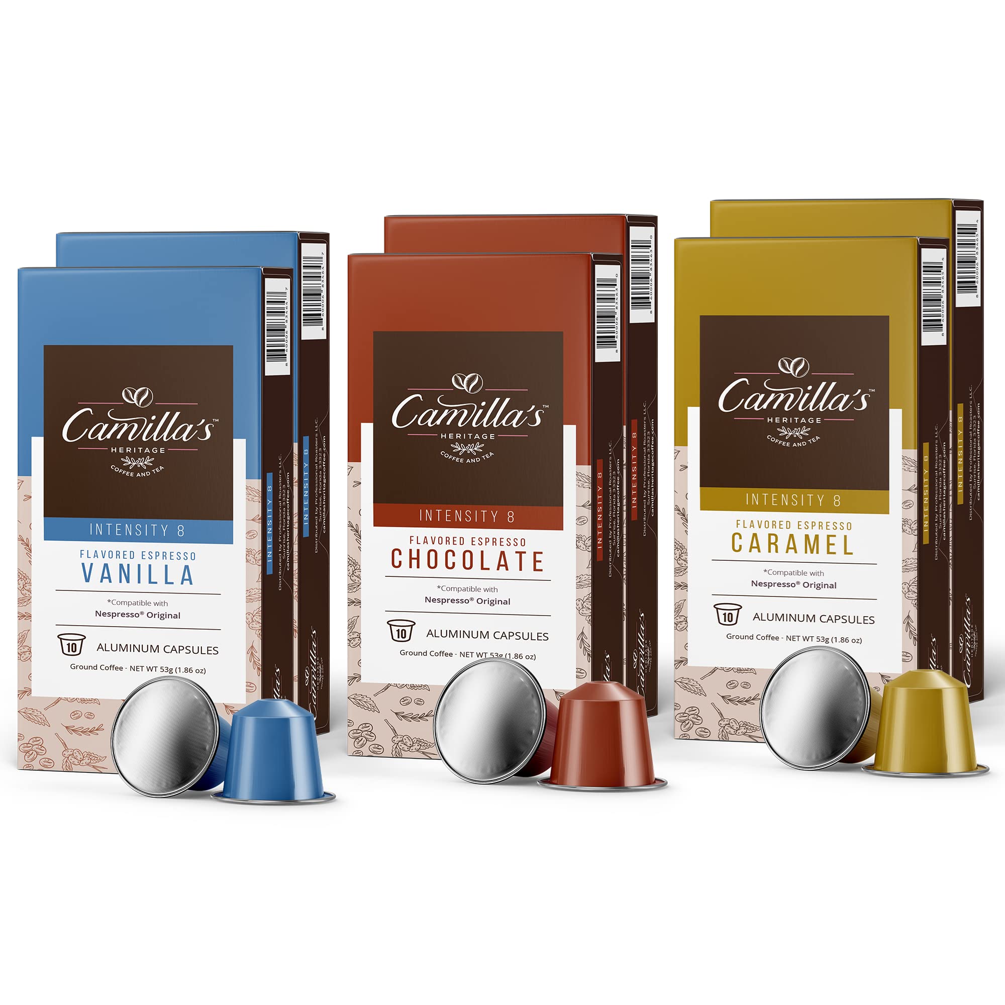 Camilla's Heritage Coffee, Espresso Capsules, 60 Flavored Coffee Pods, Medium Roast, Intensity 8, Single Cup Aluminum Coffee Cups, Nespresso Compatible Machine, Brews 1.35oz