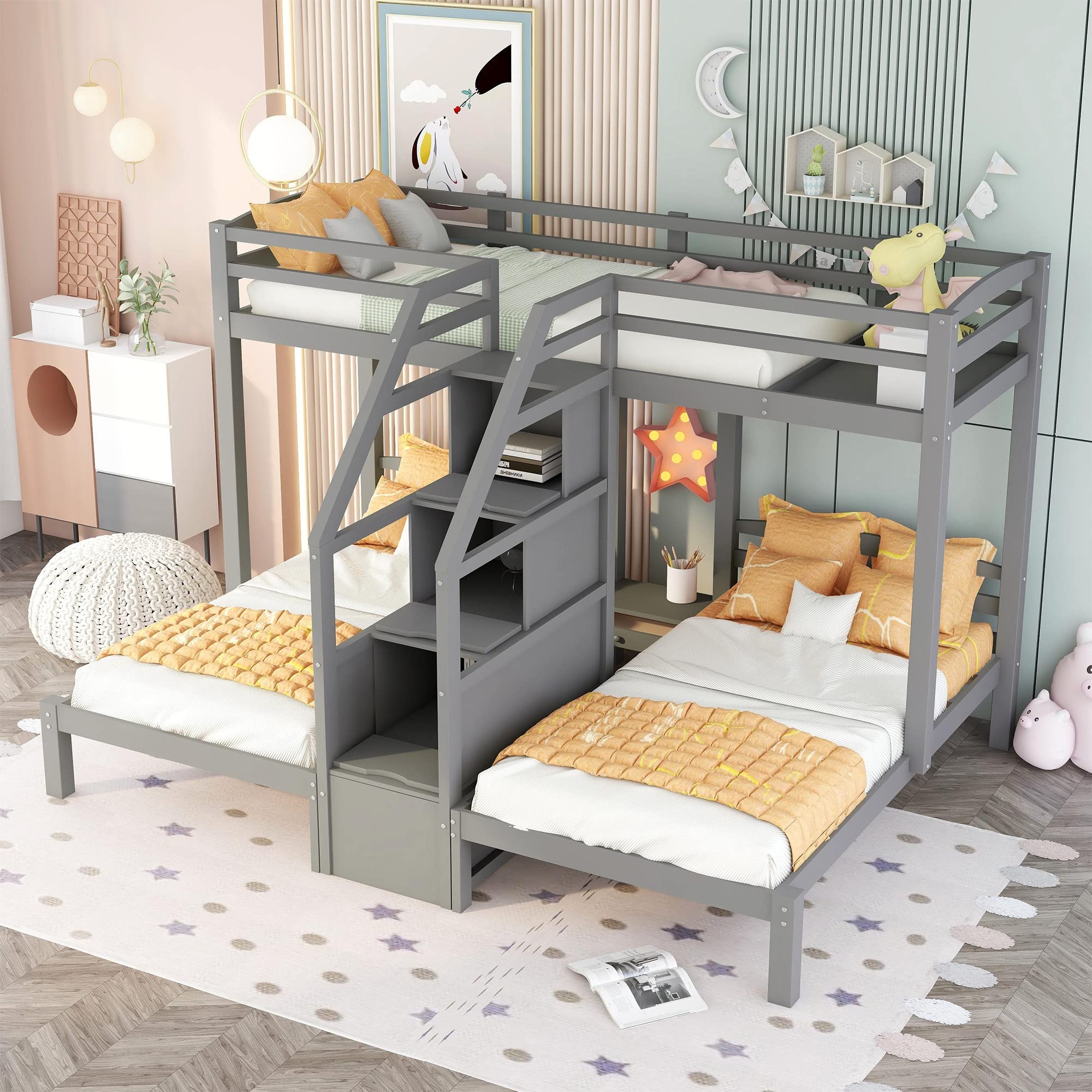 Bellemave Twin Over Twin Bunk Bed for 3, Wood Triple Bunk Beds with Stairs, 3 Bunk Beds with Storage for 3 Kids, Boys, Girls, Teens, Adults No Box Spring Needed (Gray)