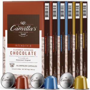 camilla's heritage coffee, espresso capsules, 60 flavored coffee pods, medium roast, intensity 8, single cup aluminum coffee cups, nespresso compatible machine, brews 1.35oz