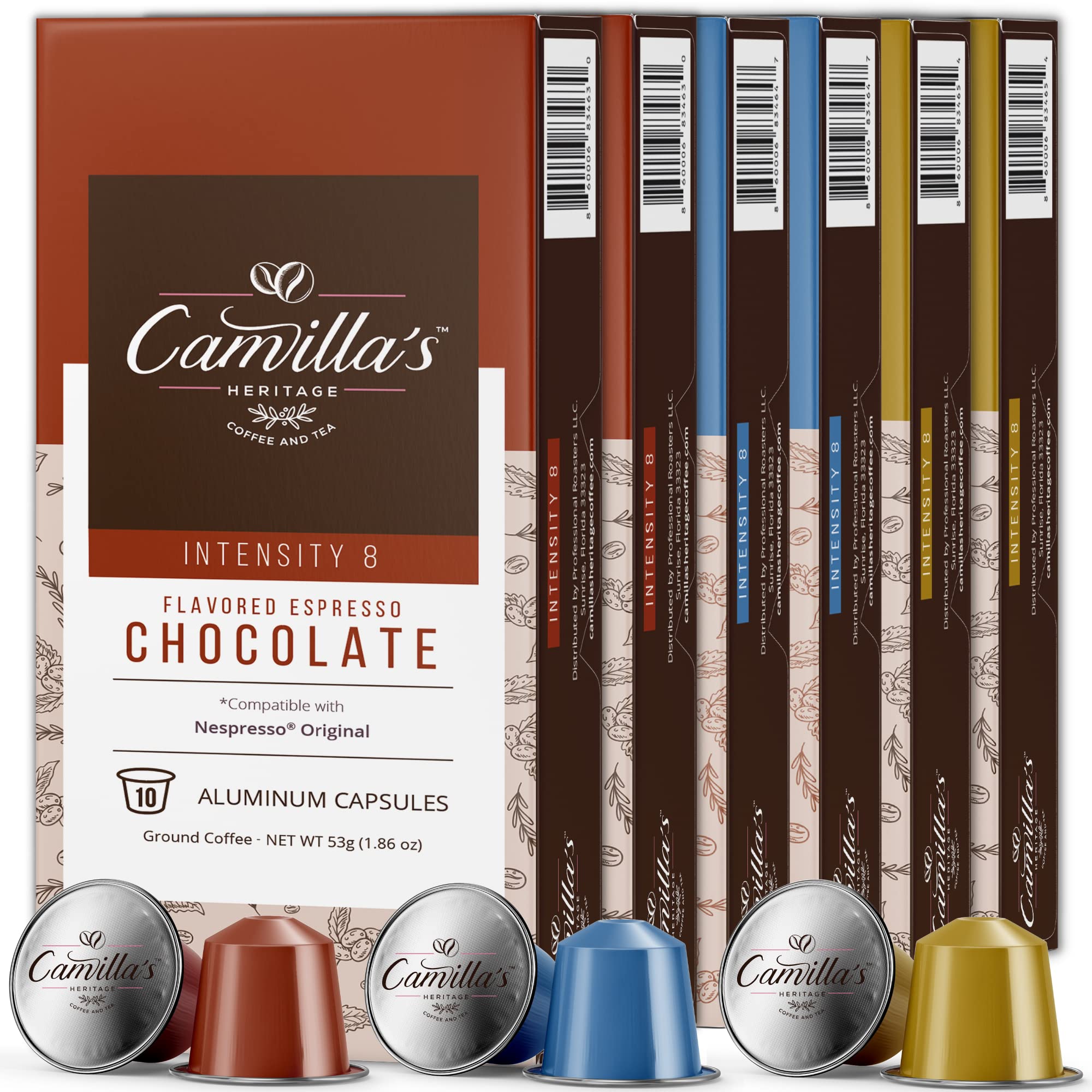 Camilla's Heritage Coffee, Espresso Capsules, 60 Flavored Coffee Pods, Medium Roast, Intensity 8, Single Cup Aluminum Coffee Cups, Nespresso Compatible Machine, Brews 1.35oz