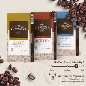 Camilla's Heritage Coffee, Espresso Capsules, 60 Flavored Coffee Pods, Medium Roast, Intensity 8, Single Cup Aluminum Coffee Cups, Nespresso Compatible Machine, Brews 1.35oz