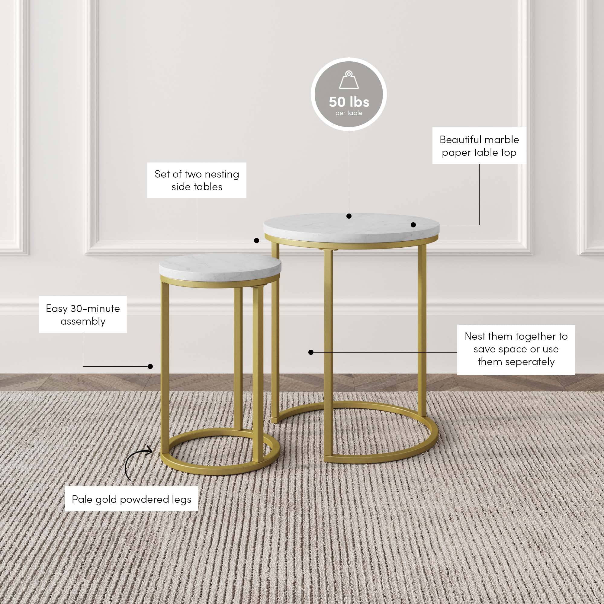 Nathan James Lula Nesting Round Side Set of 2, Accent End Table for Living Room with Wood or Marble Finish Tabletop and Metal Base, White/Gold