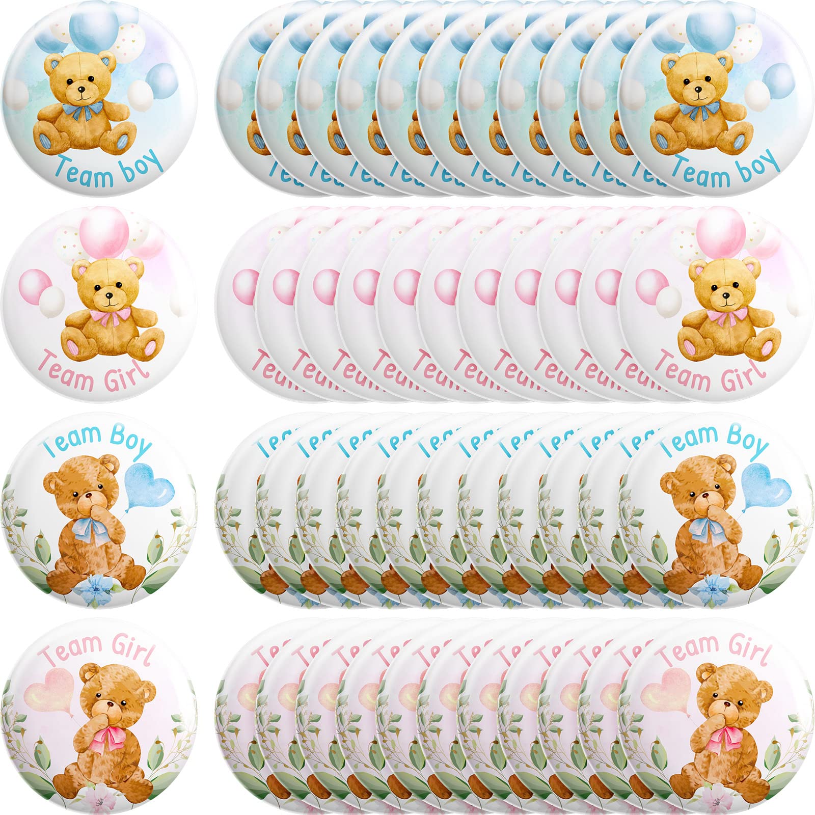 48 Pieces Bear Gender Reveal Buttons Team Boy Girl Button Pins Bear Gender Reveal Favors in Pink and Blue for Baby Shower Gender Reveal Party Game Supplies, 4 Styles, 1.47 Inch