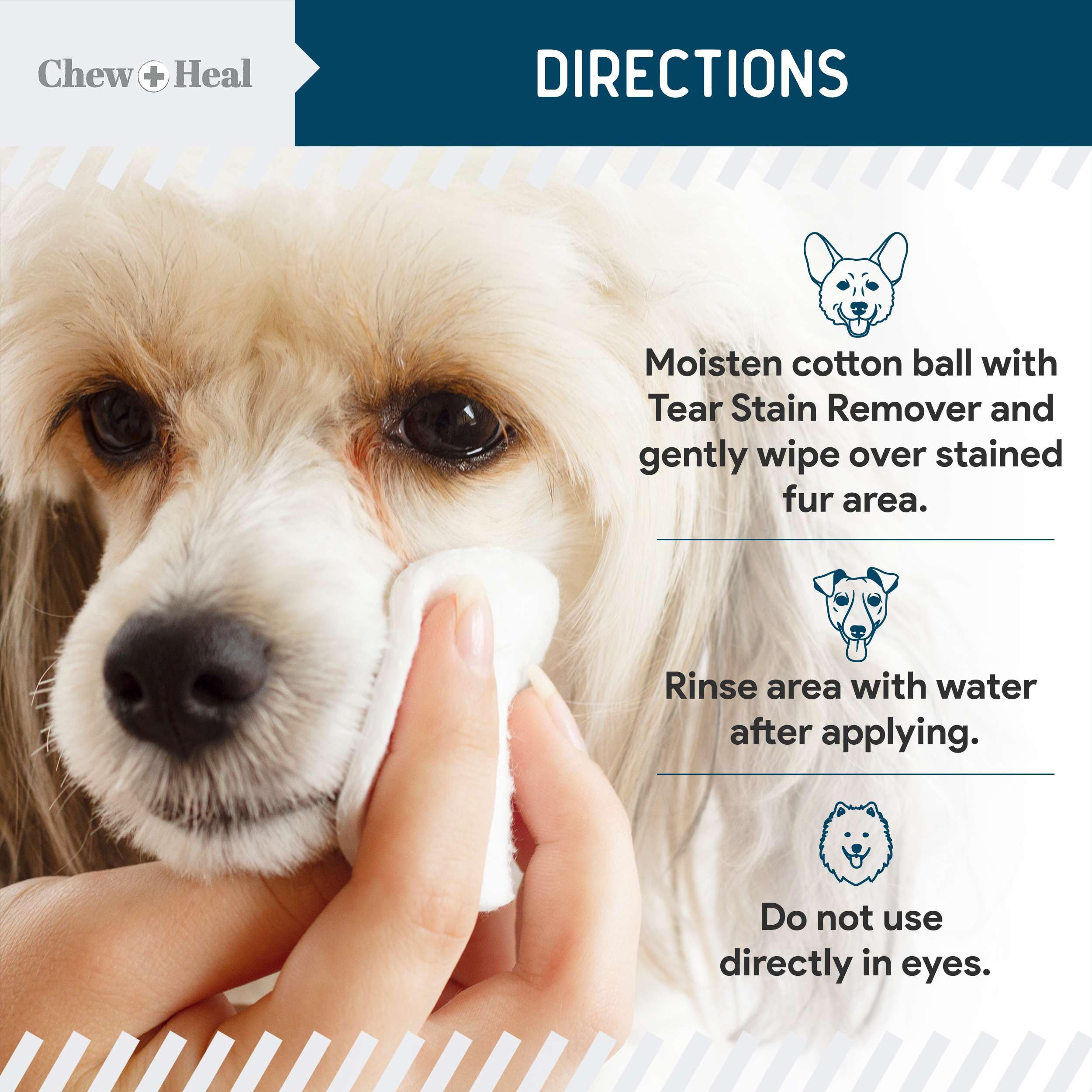 Tear Stain Remover for Dogs - 4 oz Solution - Dissolves Eye Buildup and Gunk, Reduces Staining - Water Based with Aloe Vera and Cucumber Extract - Chew + Heal