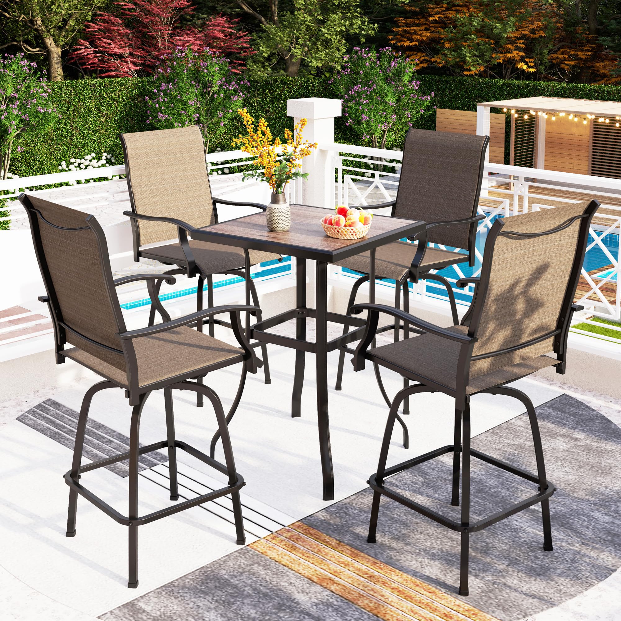 PHI VILLA 5 PCS Patio Swivel Bar Set Outdoor Bar Furniture Table and Chairs Set, 4 Bar Stools and 1 Table