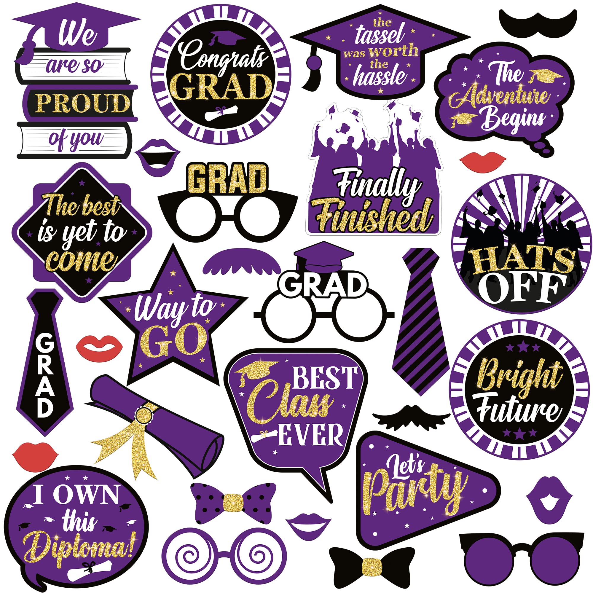 KatchOn, Graduation Photo Booth Props 2024 - Glitter, Pack of 30 | Black and Purple Graduation Photo Props | Graduation Props for Photoshoot 2024, Black and Purple Graduation Decorations Class of 2024