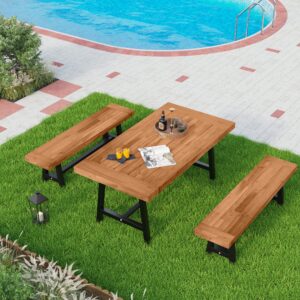 MFSTUDIO 3 Pieces Outdoor Patio Dining Set,Acacia Wood Table Bench Furniture Set with 1 Rectangular Picnic Wooden Table and 2 Benches for Backyard, Garden, Lawn-Teak Color