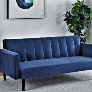 Container Furniture Direct Regal Modern Convertible Full Out Futon Sofa Compact Channel Stitch Velvet Sleeper Couch Bed for Living Room, Bedrooms, Apartments, and Dorm, 72 Inch, Deep Blue