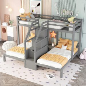 bellemave twin over twin bunk bed for 3, wood triple bunk beds with stairs, 3 bunk beds with storage for 3 kids, boys, girls, teens, adults no box spring needed (gray)