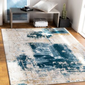 Mark&Day Area Rugs, 8x10 Bayonne Modern Dark Blue Area Rug, Blue White Yellow Carpet for Living Room, Bedroom or Kitchen (7'10" x 10'2")