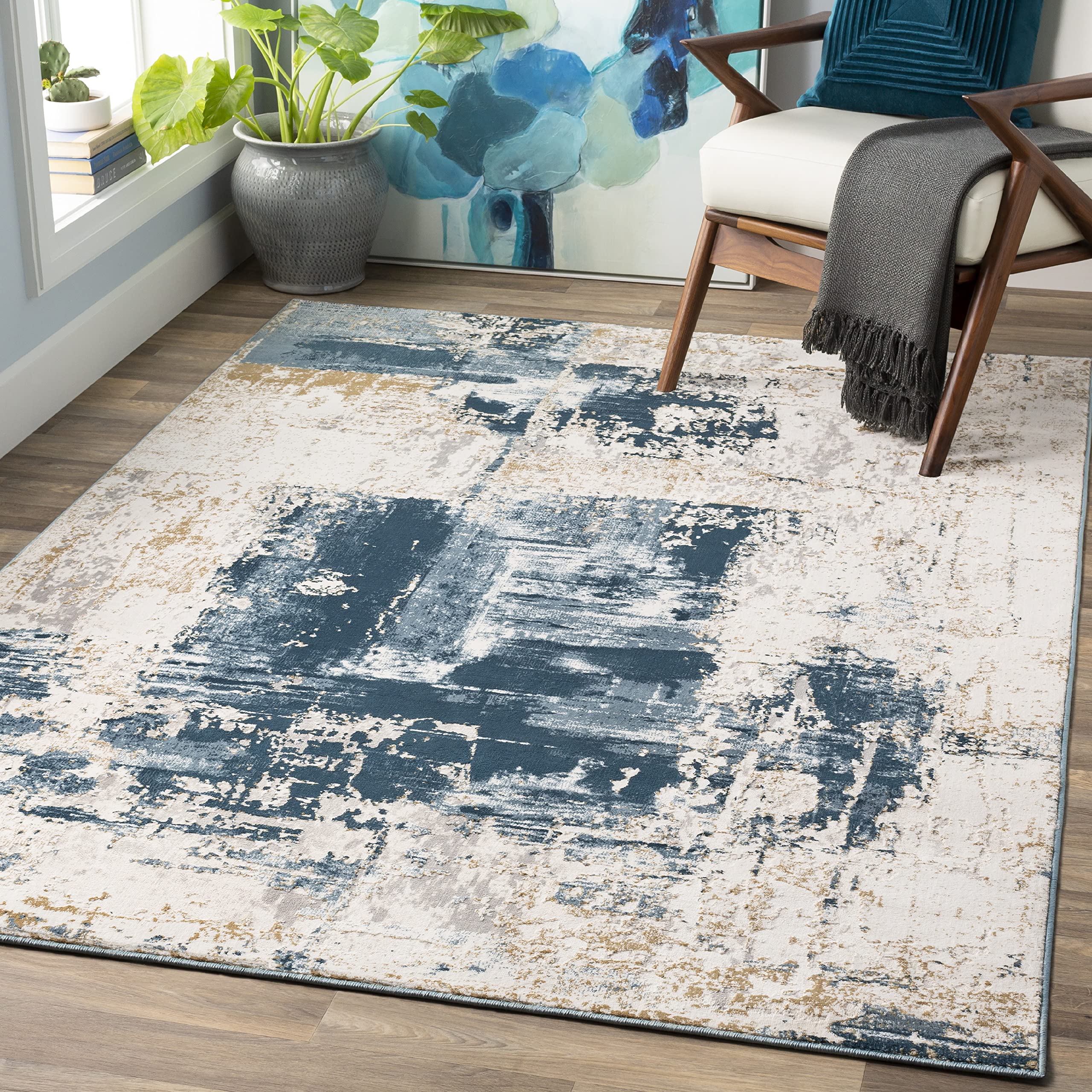 Mark&Day Area Rugs, 8x10 Bayonne Modern Dark Blue Area Rug, Blue White Yellow Carpet for Living Room, Bedroom or Kitchen (7'10" x 10'2")