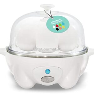 Elite Gourmet EGC-007## Rapid Egg Cooker, 7 Easy-To-Peel, Hard, Medium, Soft Boiled Eggs, Poacher, Omelet Maker, Auto Shut-Off, Alarm, 16-Recipe Booklet, White