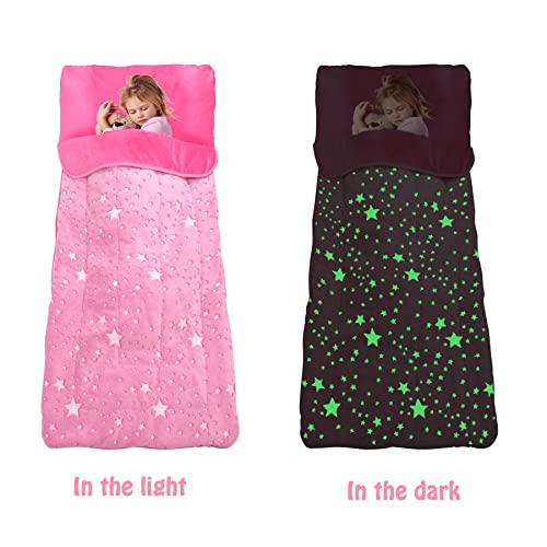 Kids Sleeping Bag for Girls, Glow in The Dark Slumber Bag, Sleeping Bag for Kids with Pillow, Soft Sleeping Bag for Toddler, Sleeping Bags for Girls Boys Daycare, Naps and Sleepovers,63" x 29"