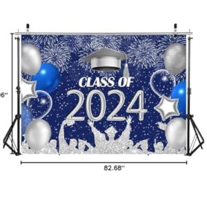 LYCGS 7X5ft Graduation Backdrop Navy Blue and Silver 2024 Graduation Party Backdrop for Class Celebration Graduation Prom Party Decor Supplies Photo Booth Banner X-52