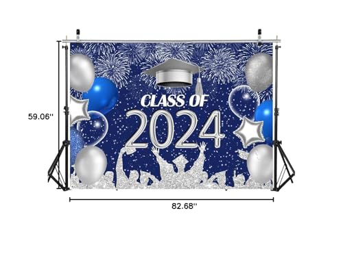 LYCGS 7X5ft Graduation Backdrop Navy Blue and Silver 2024 Graduation Party Backdrop for Class Celebration Graduation Prom Party Decor Supplies Photo Booth Banner X-52