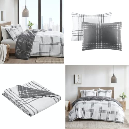 Intelligent Design Pike Reversible Duvet Set, Cottage Plaid Print, Modern Cabin Lifestyle, All Season Bedding Cover for Comforter with Matching Sham, Full/Queen White/Grey 3 Piece