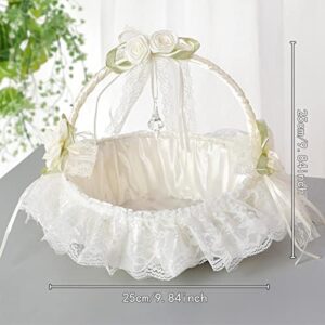 DULRLLY Wedding Flower Girl Basket, Hand-woven Storage Basket with Removable Handle and Rhinestone, Sweet Romantic Petals Basket, Lace Bowknot Bride Basket for Wedding