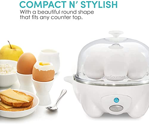 Elite Gourmet EGC-007## Rapid Egg Cooker, 7 Easy-To-Peel, Hard, Medium, Soft Boiled Eggs, Poacher, Omelet Maker, Auto Shut-Off, Alarm, 16-Recipe Booklet, White