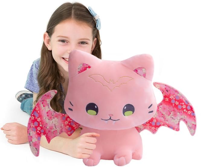 ELAINREN Crazy Cat Plush Kitten Toy with Bat Wings, Cute Kitty Stuffed Animal Floral Cat Plushie Soft Hugging Pillow Decor Furry Purple Bat Cat Dolls Gifts for Xmas,11.8''(Pink/Purple)