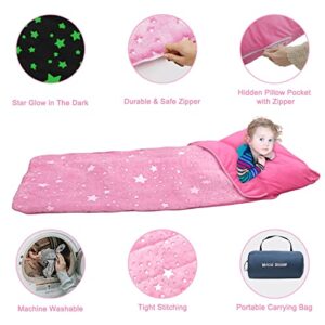 Kids Sleeping Bag for Girls, Glow in The Dark Slumber Bag, Sleeping Bag for Kids with Pillow, Soft Sleeping Bag for Toddler, Sleeping Bags for Girls Boys Daycare, Naps and Sleepovers,63" x 29"