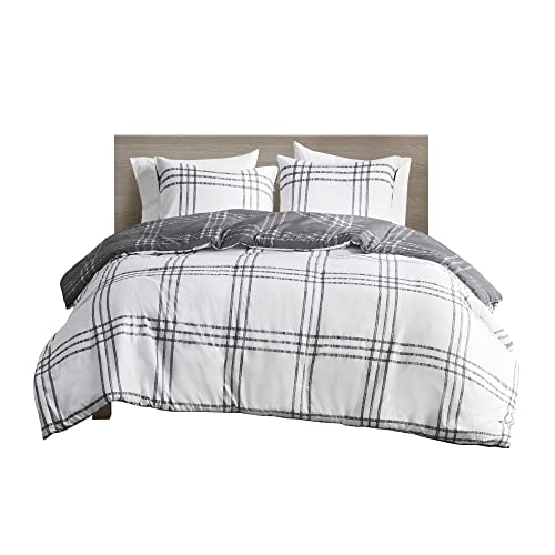 Intelligent Design Pike Reversible Duvet Set, Cottage Plaid Print, Modern Cabin Lifestyle, All Season Bedding Cover for Comforter with Matching Sham, Full/Queen White/Grey 3 Piece