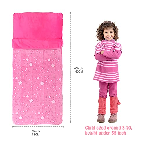 Kids Sleeping Bag for Girls, Glow in The Dark Slumber Bag, Sleeping Bag for Kids with Pillow, Soft Sleeping Bag for Toddler, Sleeping Bags for Girls Boys Daycare, Naps and Sleepovers,63" x 29"