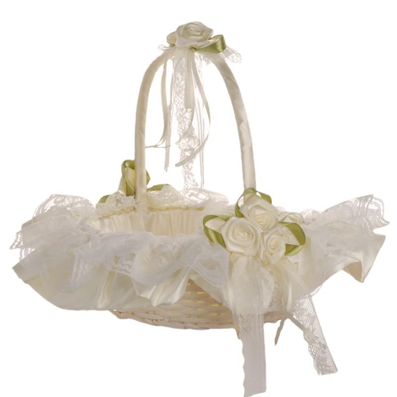 DULRLLY Wedding Flower Girl Basket, Hand-woven Storage Basket with Removable Handle and Rhinestone, Sweet Romantic Petals Basket, Lace Bowknot Bride Basket for Wedding