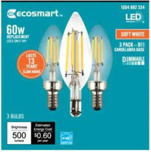 ecosmart bulbs 60-watt equivalent b11 dimmable energy star clear glass candelabra led vintage edison light bulb soft white (3-pack)