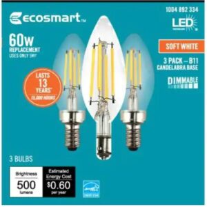 EcoSmart Bulbs 60-Watt Equivalent B11 Dimmable Energy Star Clear Glass Candelabra LED Vintage Edison Light Bulb Soft White (3-Pack)