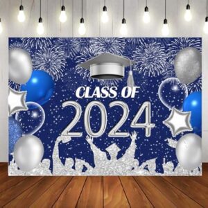 LYCGS 7X5ft Graduation Backdrop Navy Blue and Silver 2024 Graduation Party Backdrop for Class Celebration Graduation Prom Party Decor Supplies Photo Booth Banner X-52