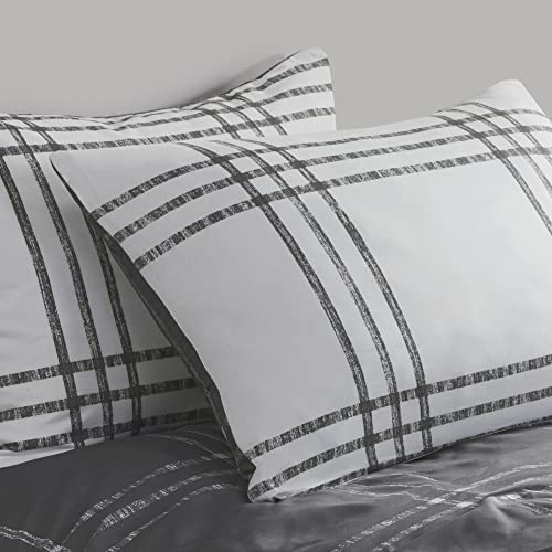 Intelligent Design Pike Reversible Duvet Set, Cottage Plaid Print, Modern Cabin Lifestyle, All Season Bedding Cover for Comforter with Matching Sham, Full/Queen White/Grey 3 Piece