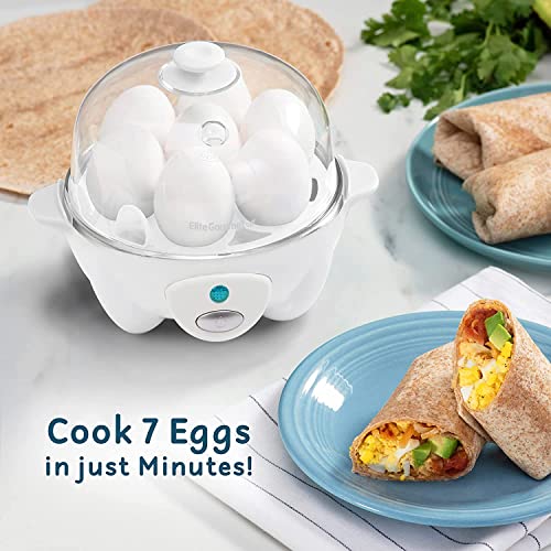 Elite Gourmet EGC-007## Rapid Egg Cooker, 7 Easy-To-Peel, Hard, Medium, Soft Boiled Eggs, Poacher, Omelet Maker, Auto Shut-Off, Alarm, 16-Recipe Booklet, White