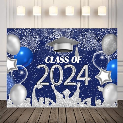 LYCGS 7X5ft Graduation Backdrop Navy Blue and Silver 2024 Graduation Party Backdrop for Class Celebration Graduation Prom Party Decor Supplies Photo Booth Banner X-52