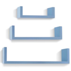 ajp distributors blue wall mounted shelf u-shaped floating shelves home decoration book dvd storage display unit mdf laminate solid wood set of 3 sizes for bathroom bedroom living room kitchen office