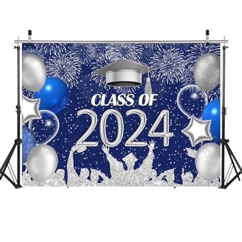 LYCGS 7X5ft Graduation Backdrop Navy Blue and Silver 2024 Graduation Party Backdrop for Class Celebration Graduation Prom Party Decor Supplies Photo Booth Banner X-52