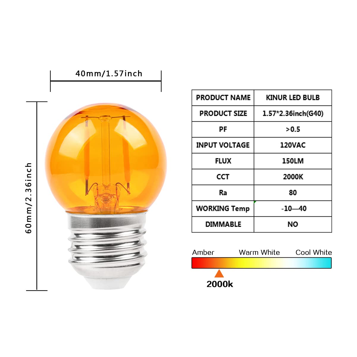 KINUR G40 Small dim Amber LED Edison 2000K 2 watt-15 watt Equivalent, E26 Base Low watt Soft Warm Light Bulbs for Healthy Sleep and Baby Nursery Light 4 Pack