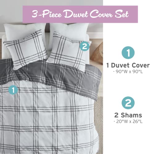 Intelligent Design Pike Reversible Duvet Set, Cottage Plaid Print, Modern Cabin Lifestyle, All Season Bedding Cover for Comforter with Matching Sham, Full/Queen White/Grey 3 Piece