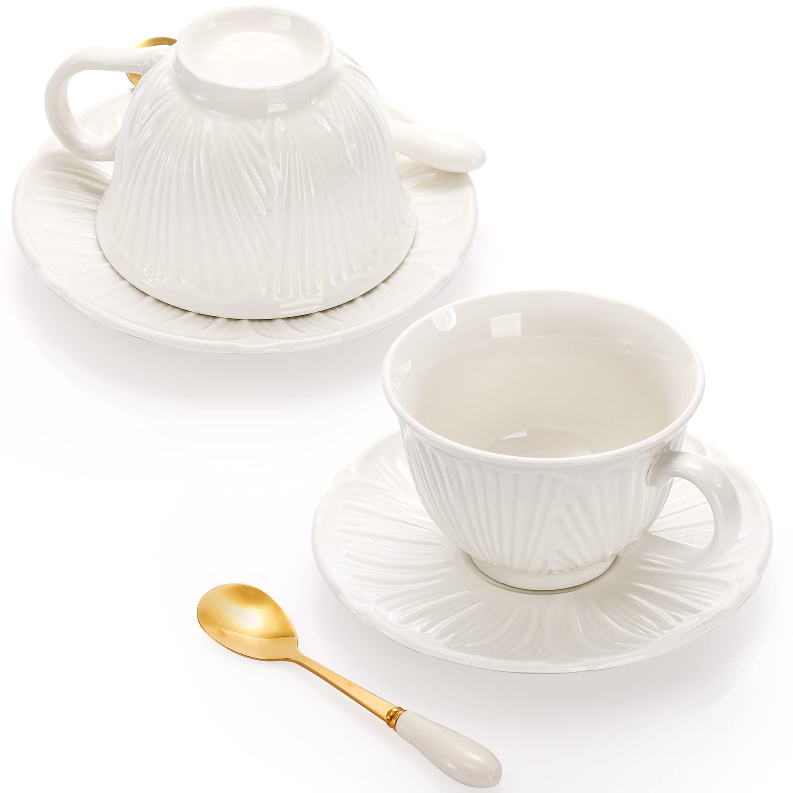 Okllen Set of 6 Royal Tea Cups and Saucers, 8 Oz Large Cappuccino Cups Set with Spoon, White Porcelain Tea Cup Set British Coffee Cups for Latte, Cafe Mocha, Cappuccino, Tea Party